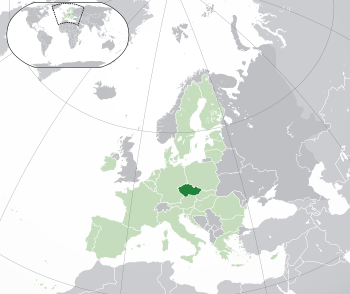 Location of the  Czech Republic  (dark green)– on the European continent  (green & dark gray)– in the European Union  (green)  —  [Legend]
