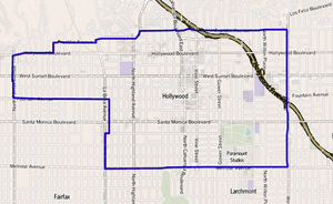 Map of the Hollywood neighborhood of Los Angeles as delineated by the Los Angeles Times