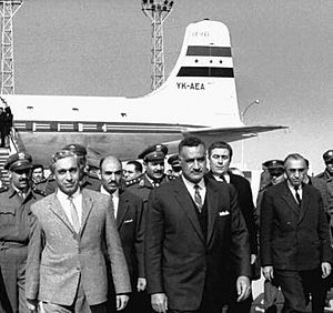 President Amin al-Hafez at Cairo Airport in August 1963 being greeted by President Gamal Abdul Nasser