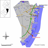 Map of Ship Bottom in Ocean County. Inset: Location of Ocean County highlighted in the State of New Jersey.