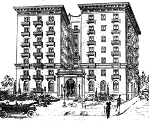 Sketch of proposed apartment building at West Sixth and Lake Streets, Los Angeles, 1915