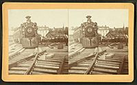 The first train to cross ... bridge June 5th 1897, Wrightsville 11 - 32 AM, from Robert N. Dennis collection of stereoscopic views