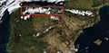 Vista satelital de la cordillera Cantábrica en toda su extensión, señalada mediante un recuadro rojo