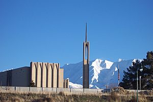 LDS Church in Orem against winter mountain background