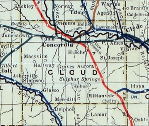 Stouffer's Railroad Map of Kansas 1915-1918 Cloud County