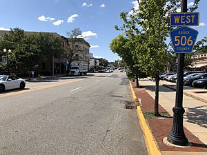 2018-07-18 16 03 17 View west along Essex County Route 506 (Bloomfield Avenue) just west of Essex County Route 668 (Elm Street) and Essex County Route 623 (Grove Street) in Montclair Township, Essex County, New Jersey
