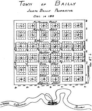 The planned layout of Bailly, Indiana, as recorded in 1833 by founder Joseph Bailly
