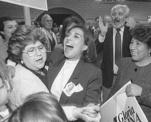 Gloria Molina and supporters celebrating after city council victory in Los Angeles, Calif., 1987