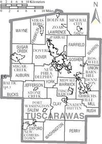 Map of Tuscarawas County Ohio With Municipal and Township Labels