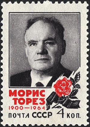 The Soviet Union 1964 CPA 3087 stamp (Commemoration of Maurice Thorez (1900-1964), French politician and longtime leader of the French Communist Party. Portrait and red rose)