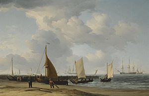 Charles Brooking - A Dutch Beach Scene with a Man-of-War in the Distance