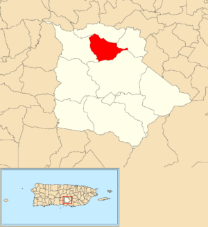 Location of Coamo Arriba within the municipality of Coamo shown in red
