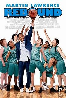 Theatrical release poster showing seven children in sleeveless shirts and shorts and sneakers, reaching the ball, with a man in white shirt, blue coat and pants holding it up.