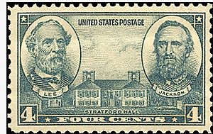 US postage stamp showing Lee, Jackson and Stratford Hall