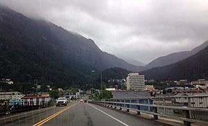 View of downtown Juneau, Alaska from the Juneau-Douglas Bridge