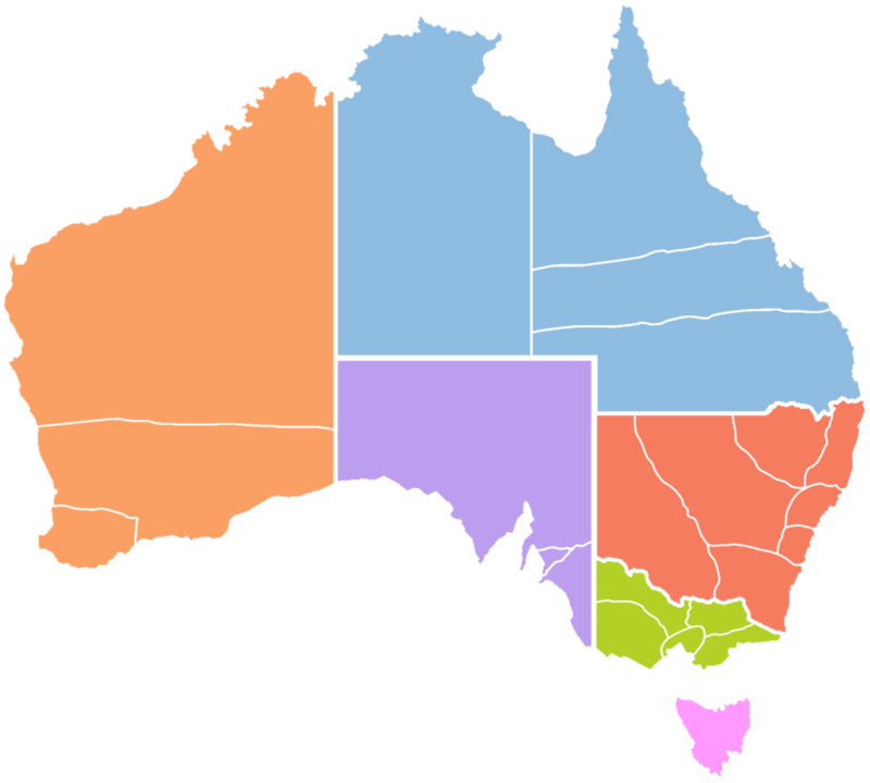 Australia map. The six provinces (shown in colour) and 23 dioceses of the Anglican Church of Australia
