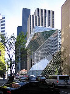 Seattle Central Library by architect Rem Koolhaas, view from 5th Ave