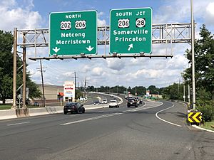 2020-07-31 16 15 43 View north along U.S. Route 202 at the exit for U.S. Route 206 SOUTH and New Jersey State Route 28 (Somerville, Princeton) in Raritan, Somerset County, New Jersey