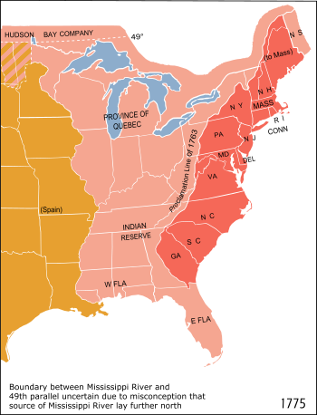The Thirteen Colonies (shown in red) in 1775 with modern borders overlaid