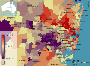 Australian Census 2011 demographic map - Inner Sydney by POA - BCP field 0115 Median total household income weekly