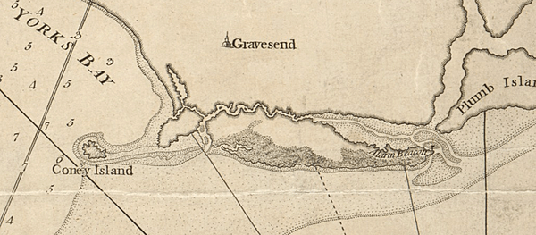 Coney Island (Detail) Chart of the entrance of Hudson's River, from Sandy Hook to New York - with the banks, depths of water, sailing-marks, &ca (NYPL b14099970-1222740)