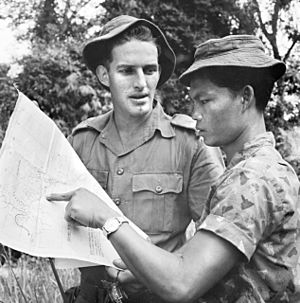 Murut tribesman consulting the map of Sabah with Australian Engineer (AWM CUN-65-0899A-MC)