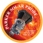 Artwork of the spacecraft next to the Sun, enclosed in a circle with a yellow border. The words "Parker Solar Probe" are placed around the interior of the border, while the words "a mission to touch the Sun" are written inline in a smaller font in the bottom right of the image.