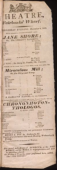 Playbill for Jane Shore, Miraculous Mill, and Chrononhotonthologos