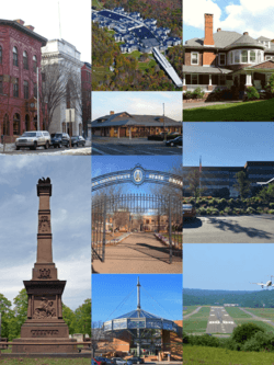 Clockwise, from top left: Main Street Historic District, The Summit at Danbury, Tarrywile Mansion, Praxair Headquarters, Danbury Municipal Airport, Danbury Fair Mall, David Wooster Monument, Western Connecticut State University, and the Danbury Railway Museum