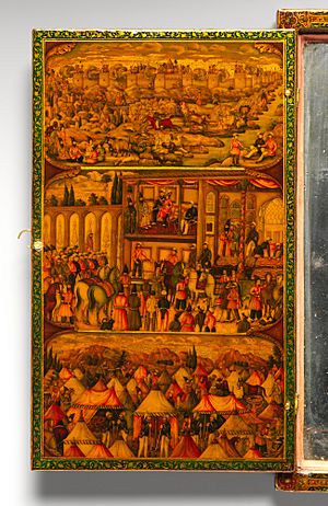Mirror Case Depicting the Meeting of Nasir al-Din Mirza and Tsar Nicholas I in Erivan, dated A.D. 1854 (interior panel, zoomed in)