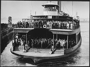 Ferryboat Dongan Hills of the Staten Island Ferry, seen approaching a landing in 1945