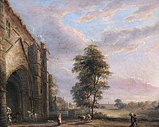 Abbey gateway Reading, by Paul Sandby, 1808, oil, 15 x 18 inches