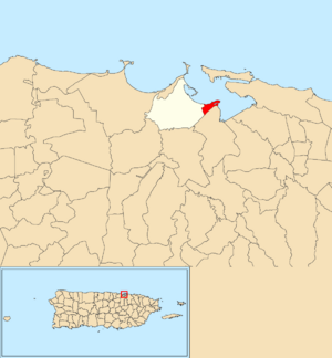 Location of Cataño barrio-pueblo within the municipality of Cataño shown in red