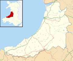 Map of Ceredigion, with a red dot showing the location of Ysbyty Ystwyth