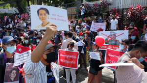 Demonstrators denounce the military coup in Myanmar.webp