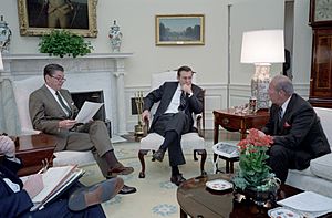 Ronald Reagan at a National Security Briefing with Donald Rumsfeld and George Shultz in Oval Office