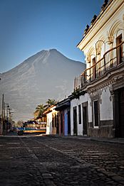 Town Street, Lake Atitlan, Guatemala with Volcano