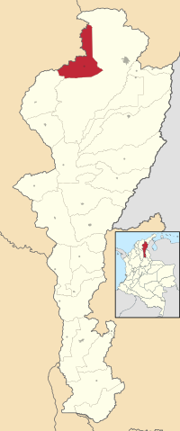Location of the municipality and town of Pueblo Bello in the Department of Cesar.
