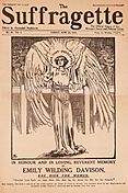Front page of The Suffragette showing an drawing of Davison depicted as an angel. The headline reads "In Honour and in Loving, Reverent Memory of Emily Wilding Davison. She Died for Women."