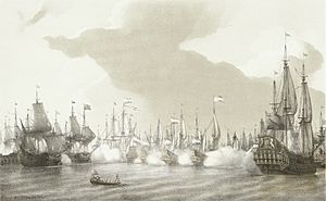 Driedaagse Zeeslag, 1653 Zeeslag tusschen de Nederlandsche en Engelsche vloot. 1 Maart 1653 Combat naval entre la flotte Neerlandaise et Anglaise. 1 Mars 1653 (titel op object), RP-P-OB-81.793 (cropped).jpg