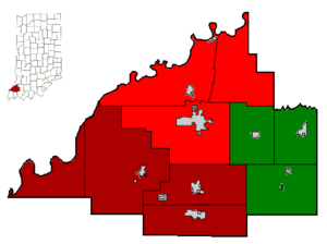Gibson County Indiana Incorporated and school areas all three school Districts highlighted in their HS colors