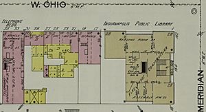Indianapolis Public Library in 1898 at corner of North Meridian and West Ohio detail, Sanborn Fire Insurance Map from Indianapolis, Marion County, Indiana. LOC sanborn02371 003-7 (cropped)