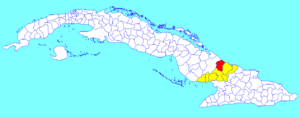 Manatí municipality (red) within  Las Tunas Province (yellow) and Cuba