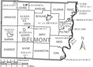 Map of Belmont County Ohio With Municipal and Township Labels
