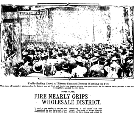 Newspaper clipping showing crowd of thousands witnessing fire in Los Angeles, California, in 1909