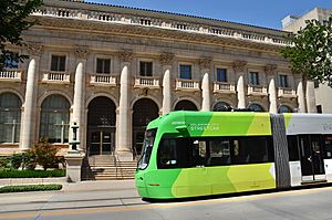 Oklahoma City Streetcar passing east end of historic U.S. Post Office and Courthouse Building