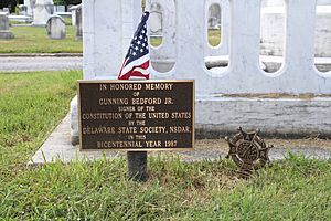 Plaque at base of Gunning Bedford, Jr. Memorial