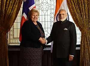 The Prime Minister, Shri Narendra Modi meeting the Prime Minister of Norway, Ms. Erna Solberg, on the sidelines of India-Nordic Summit, in Stockholm, Sweden on April 17, 2018 (1)