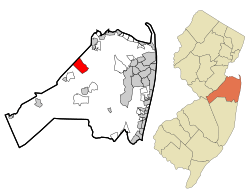 Map of Morganville CDP in Monmouth County. Inset: Location of Monmouth County in New Jersey.