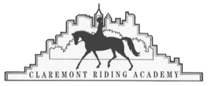 The Claremont Riding Academy logo, a black-and-white drawing showing the silhouette of a horse and rider, stylized bushes behind them, and a stylized city skyline behind the bushes. At bottom, square letters spell out Claremont Riding Academy.